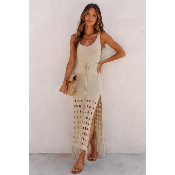 Vici Dresses & Skirts - VICI Beige Open Knit Fringe Midi Dress Small Sleeveless Boho Beach Cover Up